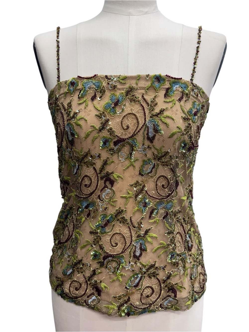 Vintage Savannah Studio Beaded Cami Top Y2K Size S Sequin Embroidered Mesh Fairy